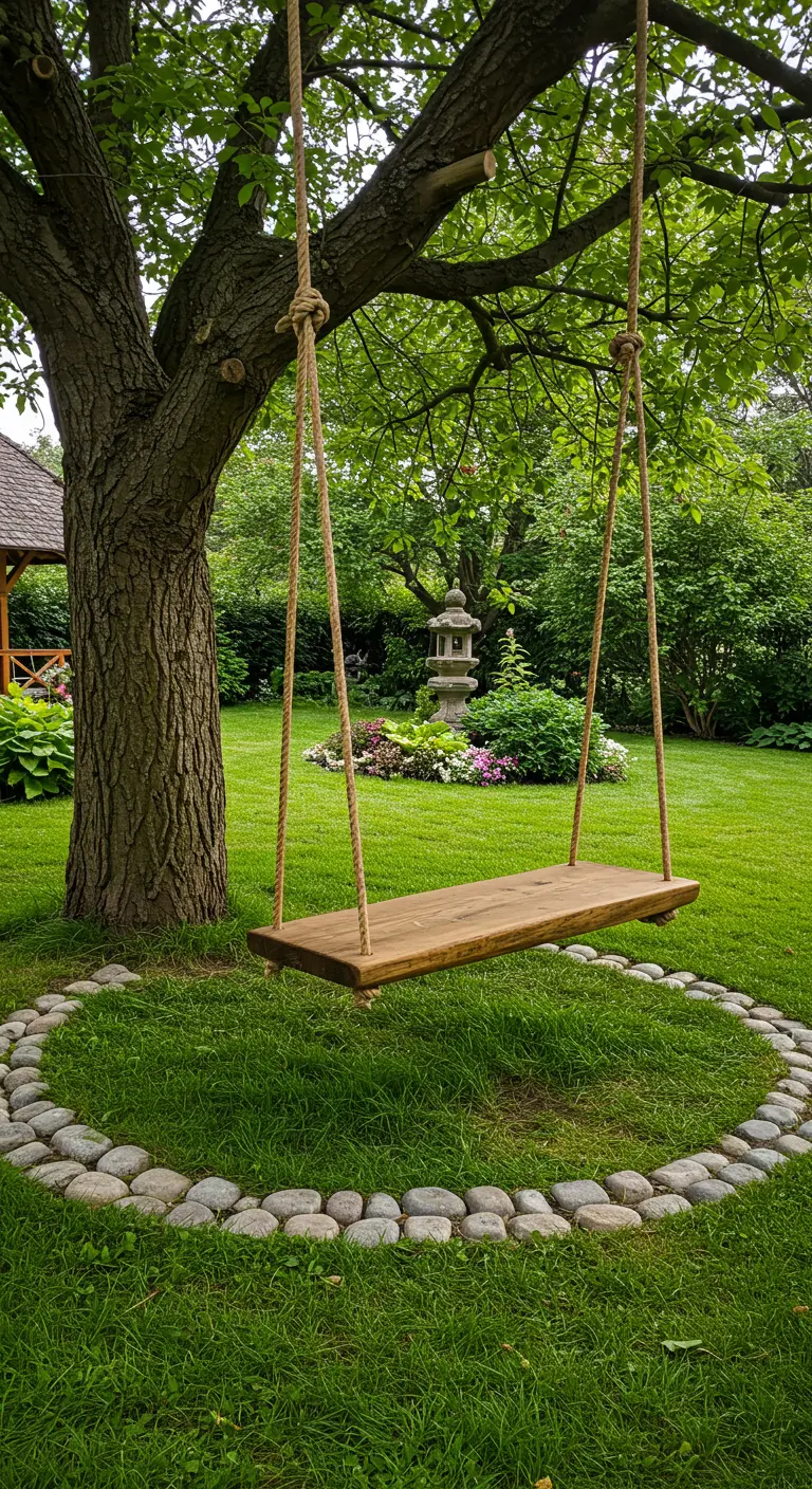 Boomstam-schommel onder boom, omgeven door een decoratieve cirkel van keien op groen gras.