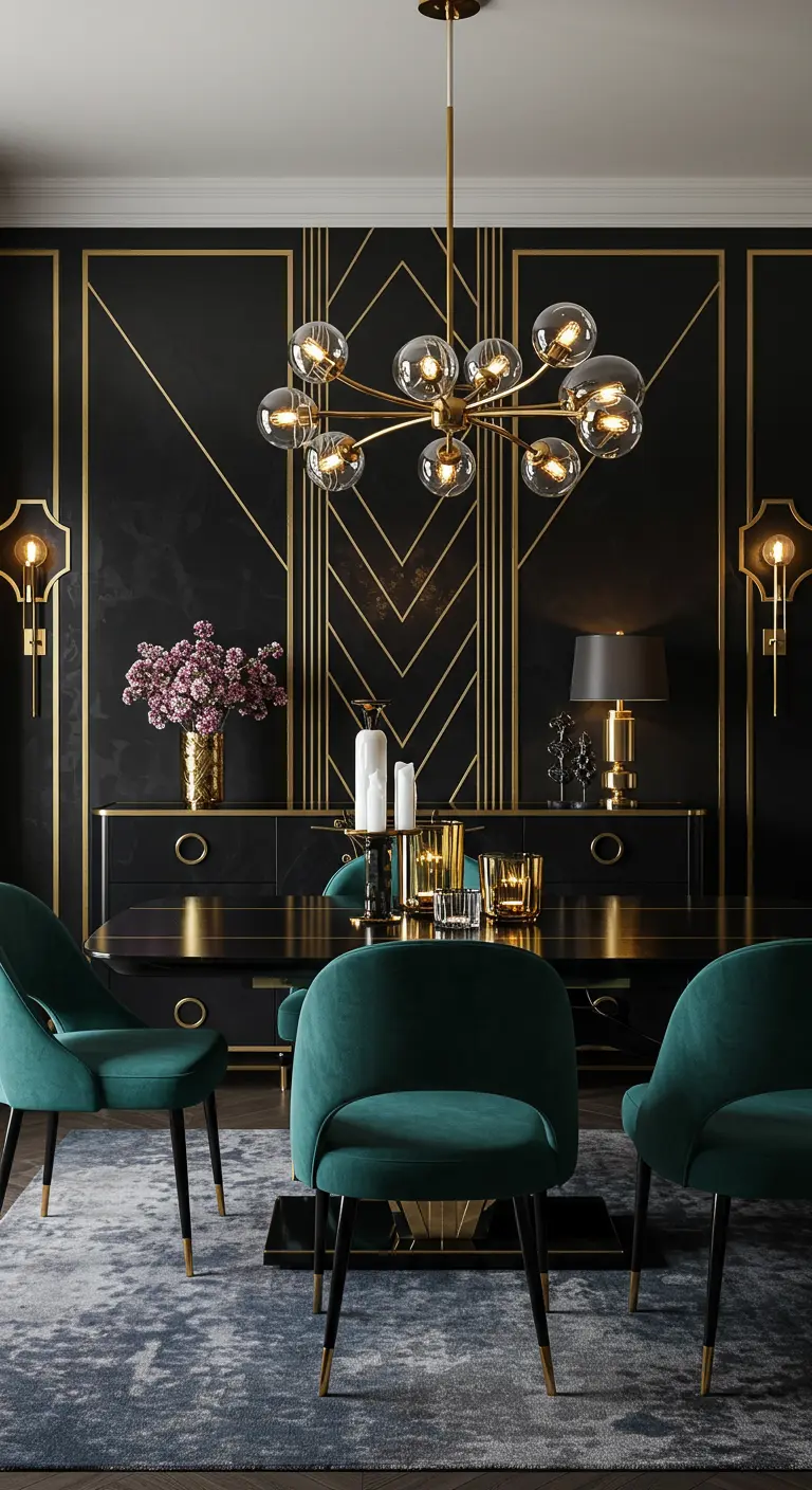 Art Deco eetkamer met zwarte wandpanelen met gouden geometrische lijnen.