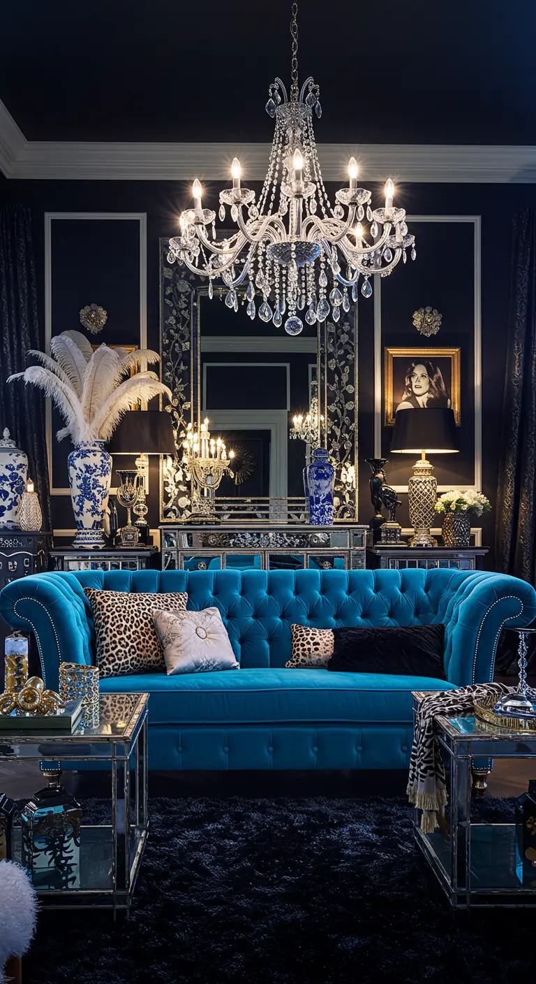Hollywood Regency woonkamer met turquoise fluwelen bank, spiegelende meubels en dierenprints.