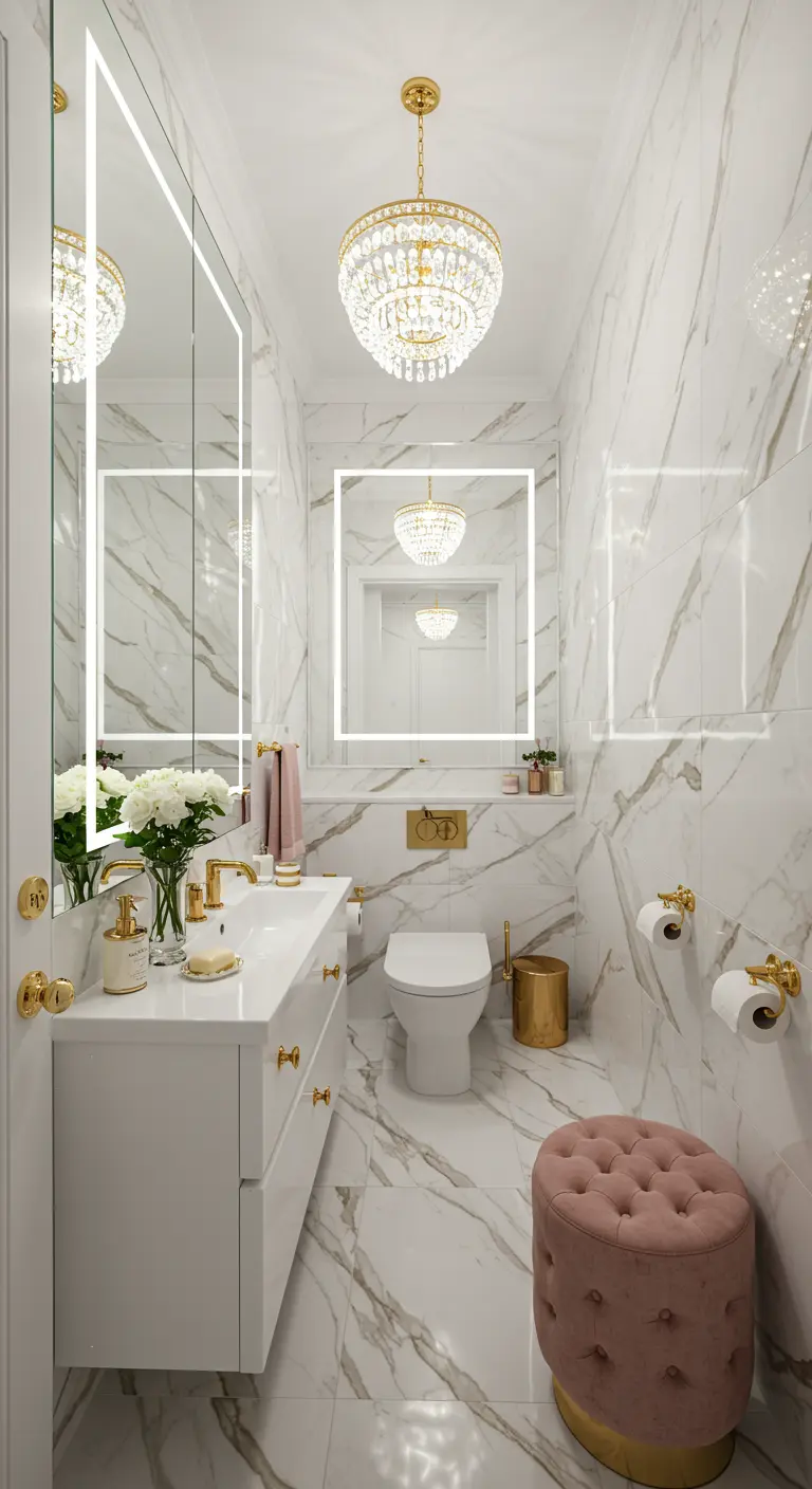 Witte marmerlook badkamer met gouden kranen en kroonluchter.