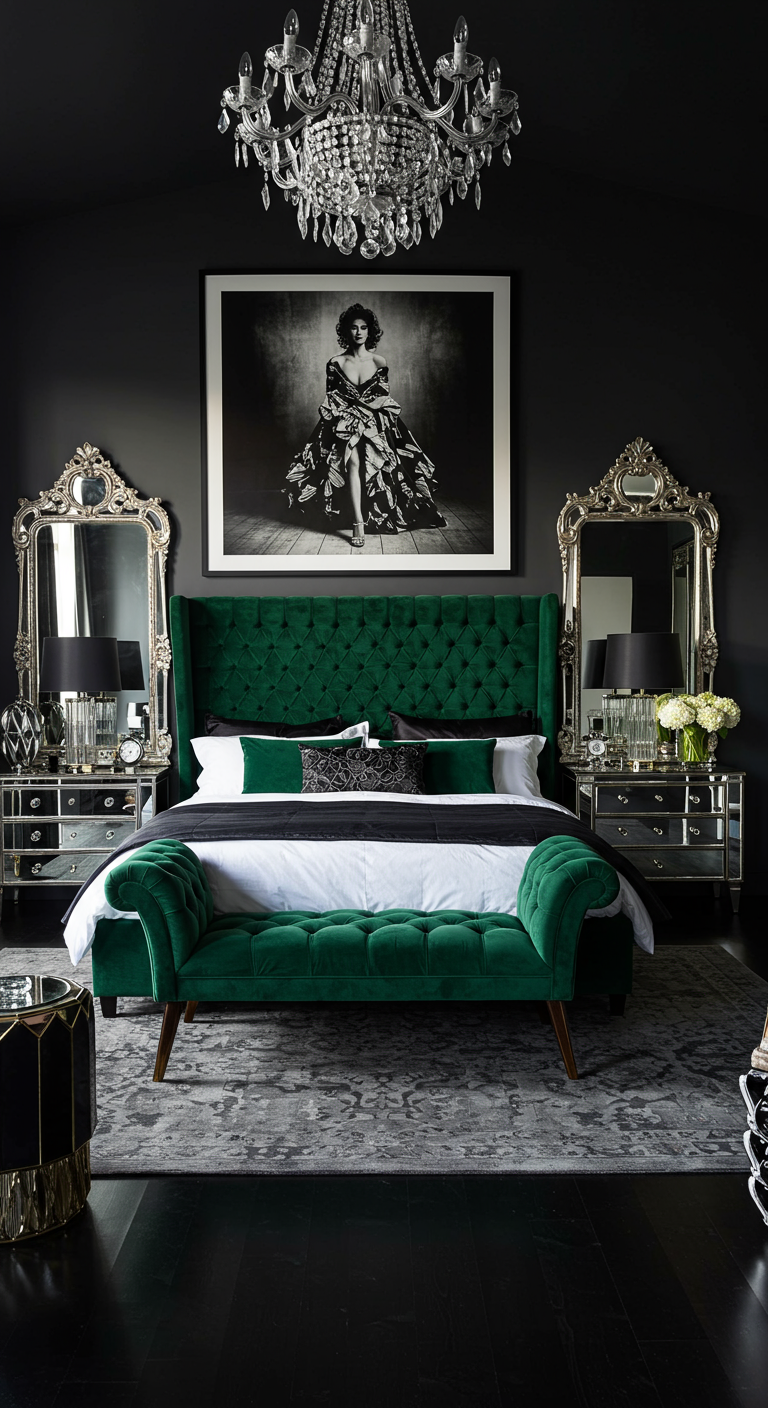 Luxe slaapkamer met donkere muren, een groot zwart-wit portret boven een groen fluwelen bed.