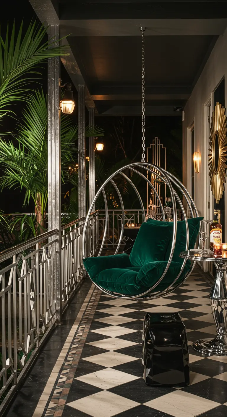 Zilverkleurige metalen ronde hangstoel met smaragdgroen fluwelen kussen op Art Deco veranda.