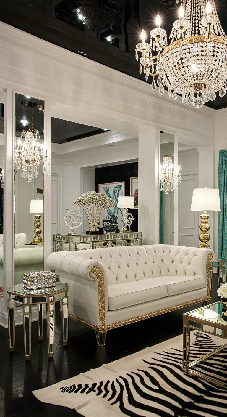 Hollywood Regency woonkamer met witte Chesterfield, spiegelende meubels en zebraprint tapijt.