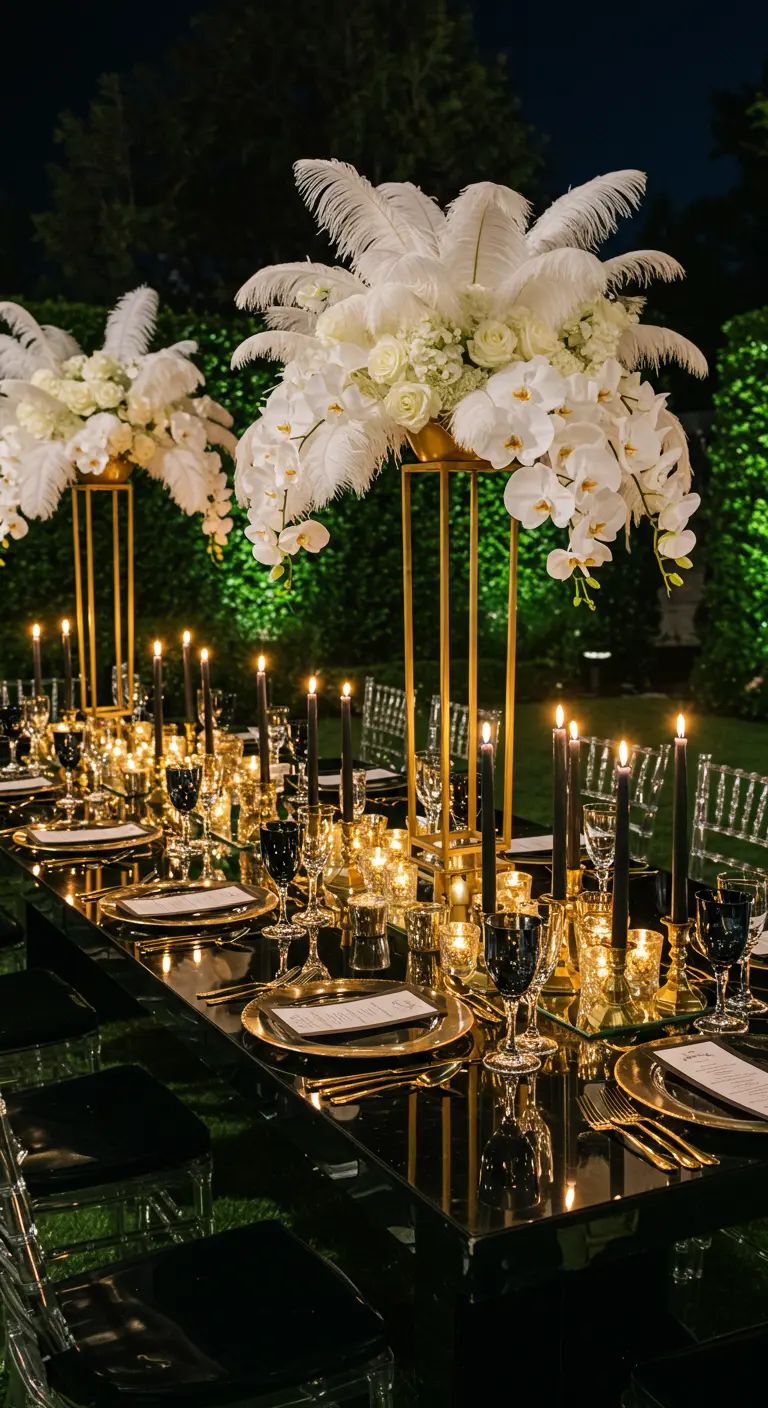 Luxe zwarte spiegeltafel met hoge gouden bloemstukken met veren en zwarte kaarsen.