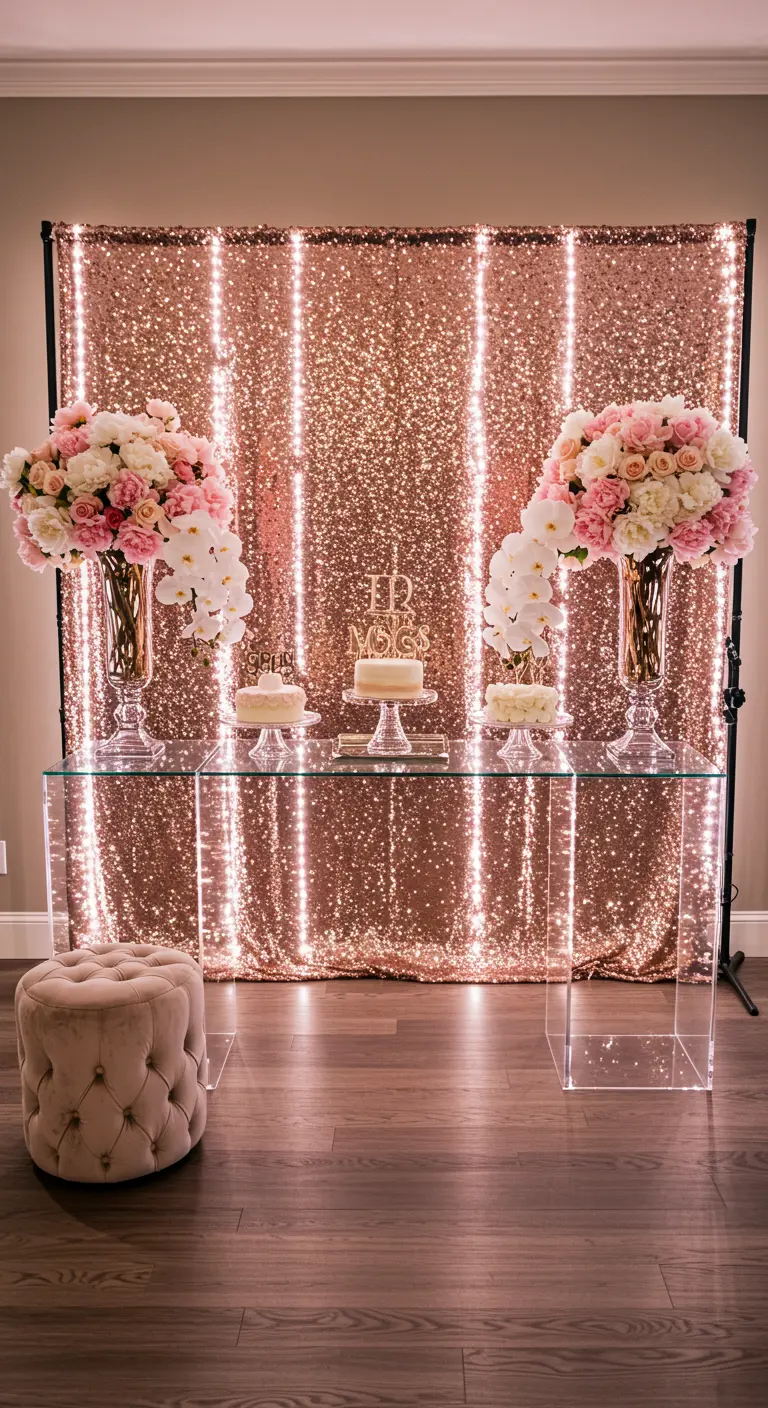 Roségouden pailletten backdrop met LED-licht, bloemstukken en verjaardagstaarten op glazen tafel.
