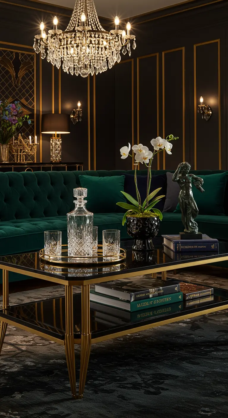 Zwarte salontafel met gouden frame, kristallen karaf, orchidee en boeken in luxe interieur.