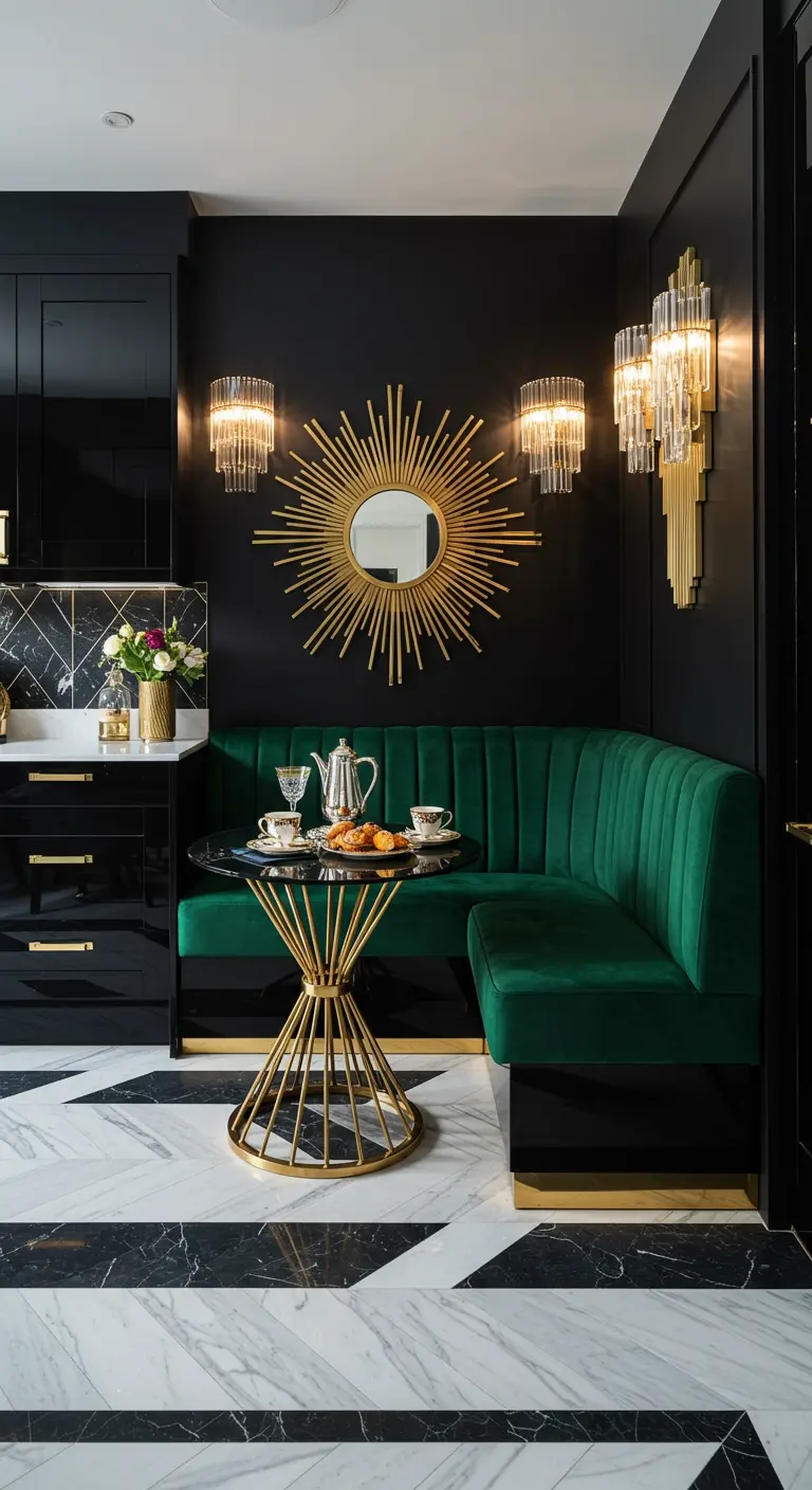 Luxe theehoekje met smaragdgroene bank, zwarte muur en gouden accenten.
