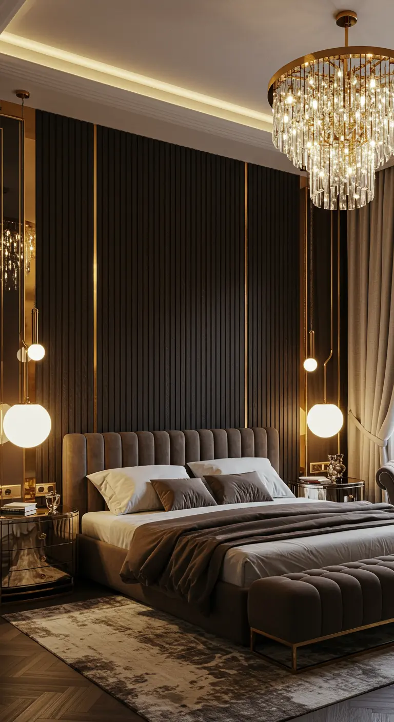 Donkere houten lattenwand met gouden accenten en een grote kroonluchter in een luxe slaapkamer.