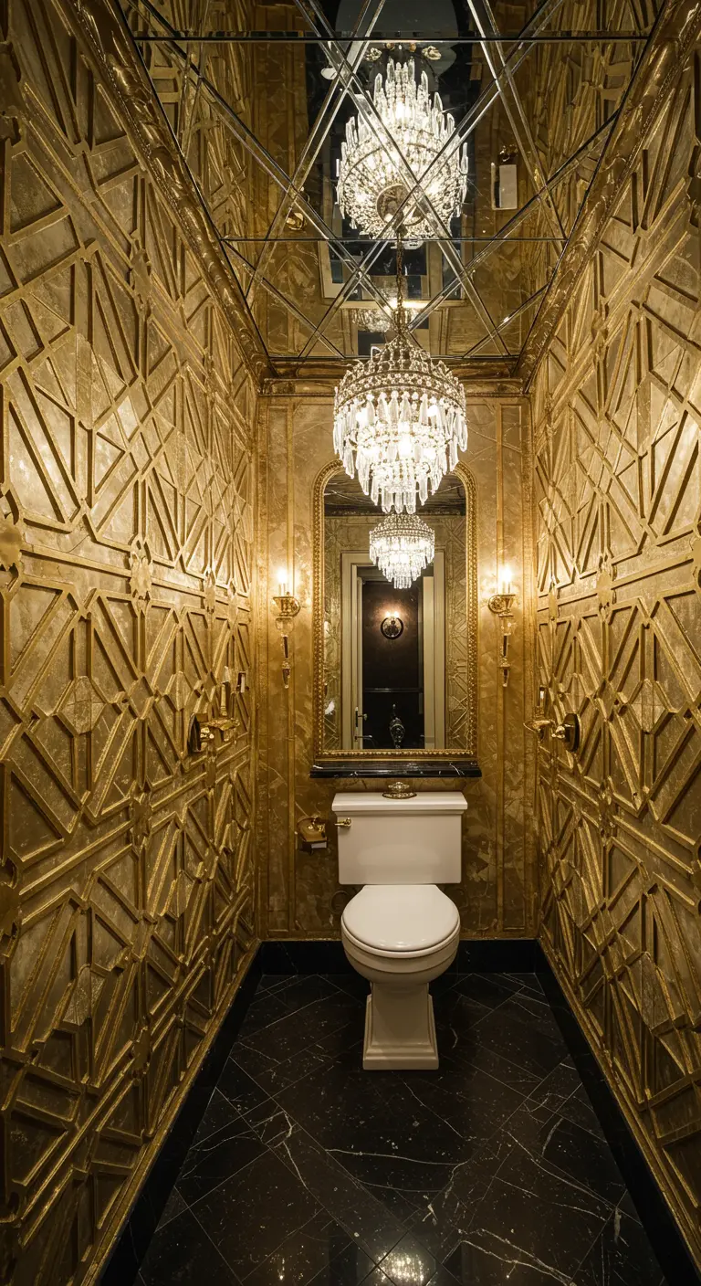 Luxueuze toiletruimte met gouden reliëf wanden en spiegelplafond met kroonluchter.