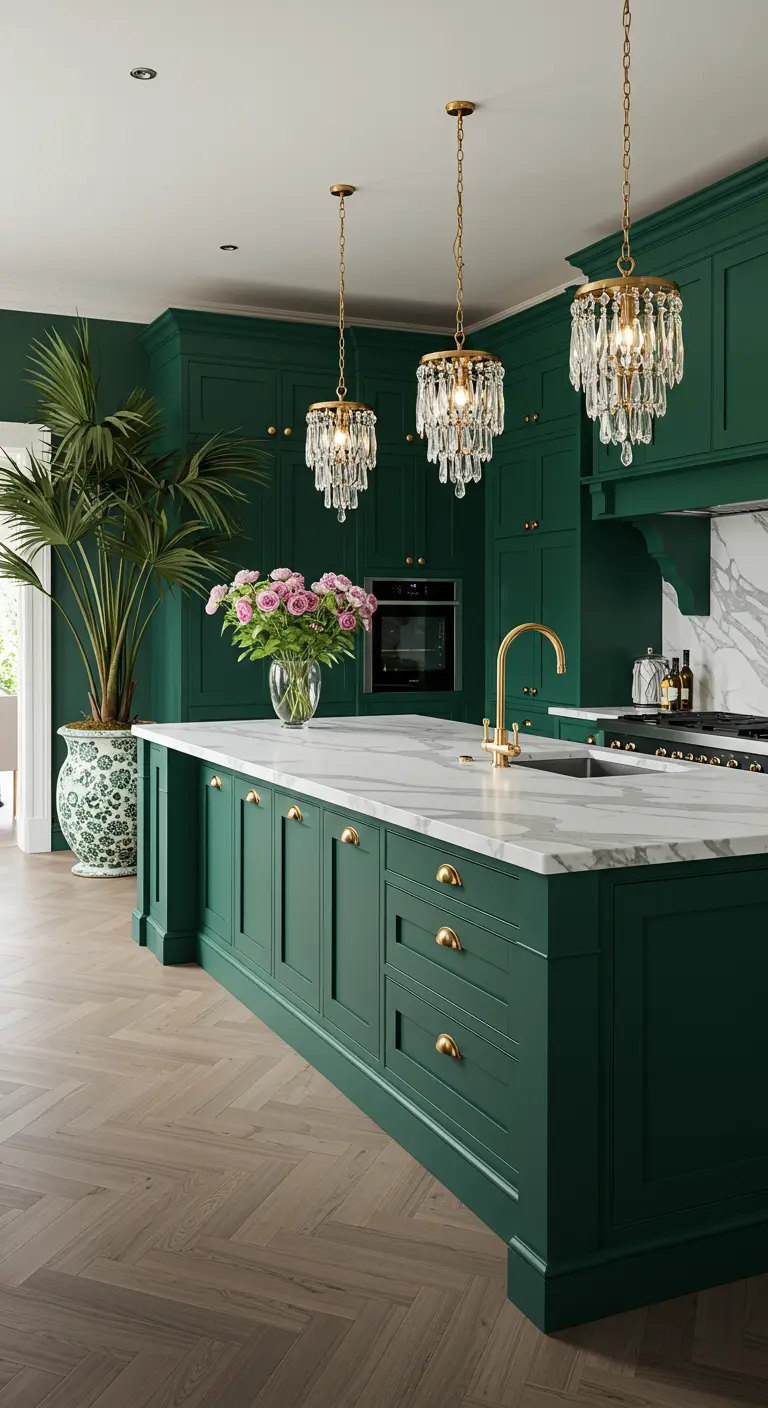 Diepgroene keuken met marmeren eiland, gouden accenten, kroonluchters en een palmplant.