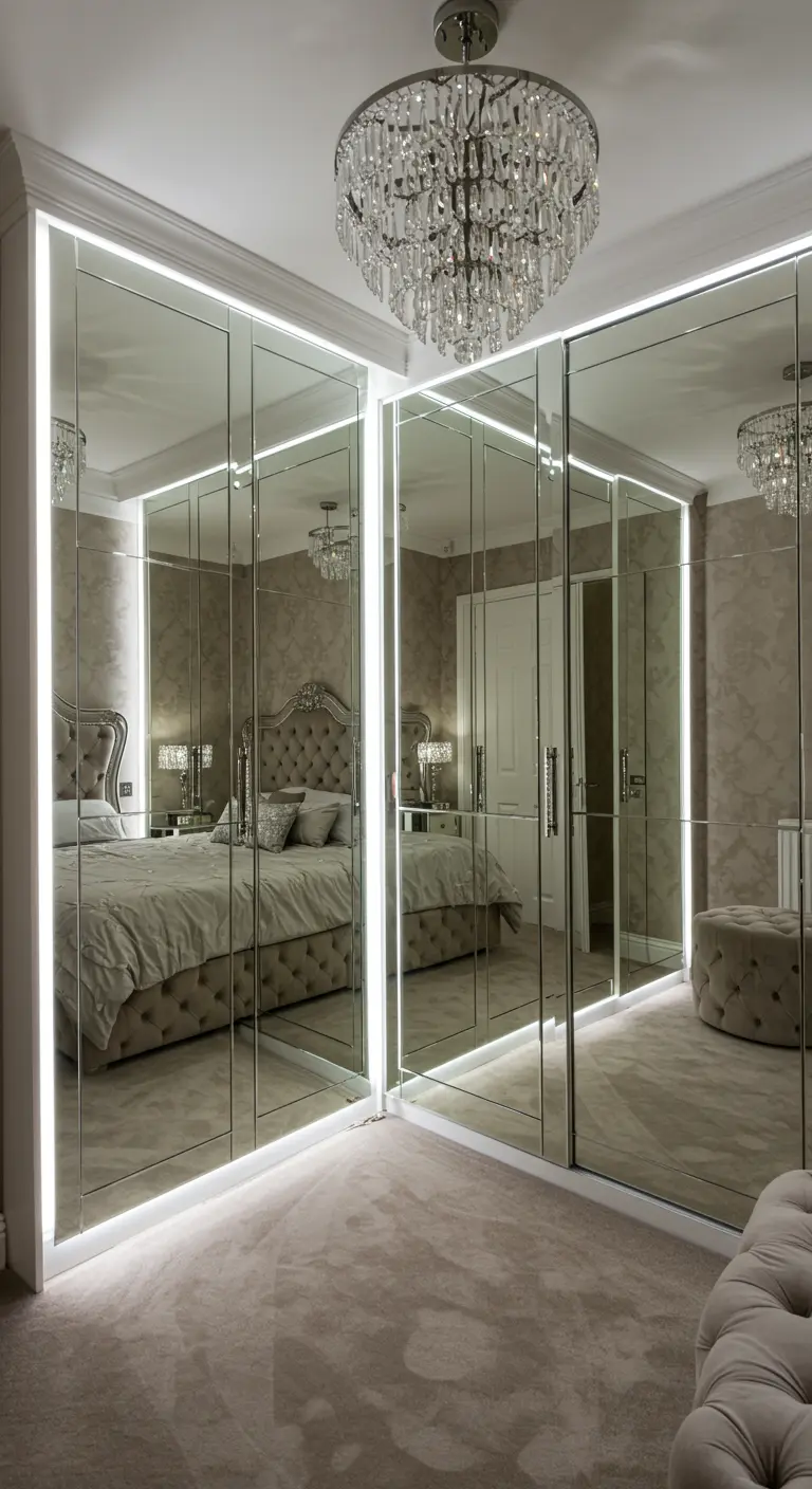 Inloopkast met spiegeldeuren en verticale LED-strips langs de randen voor glamour.