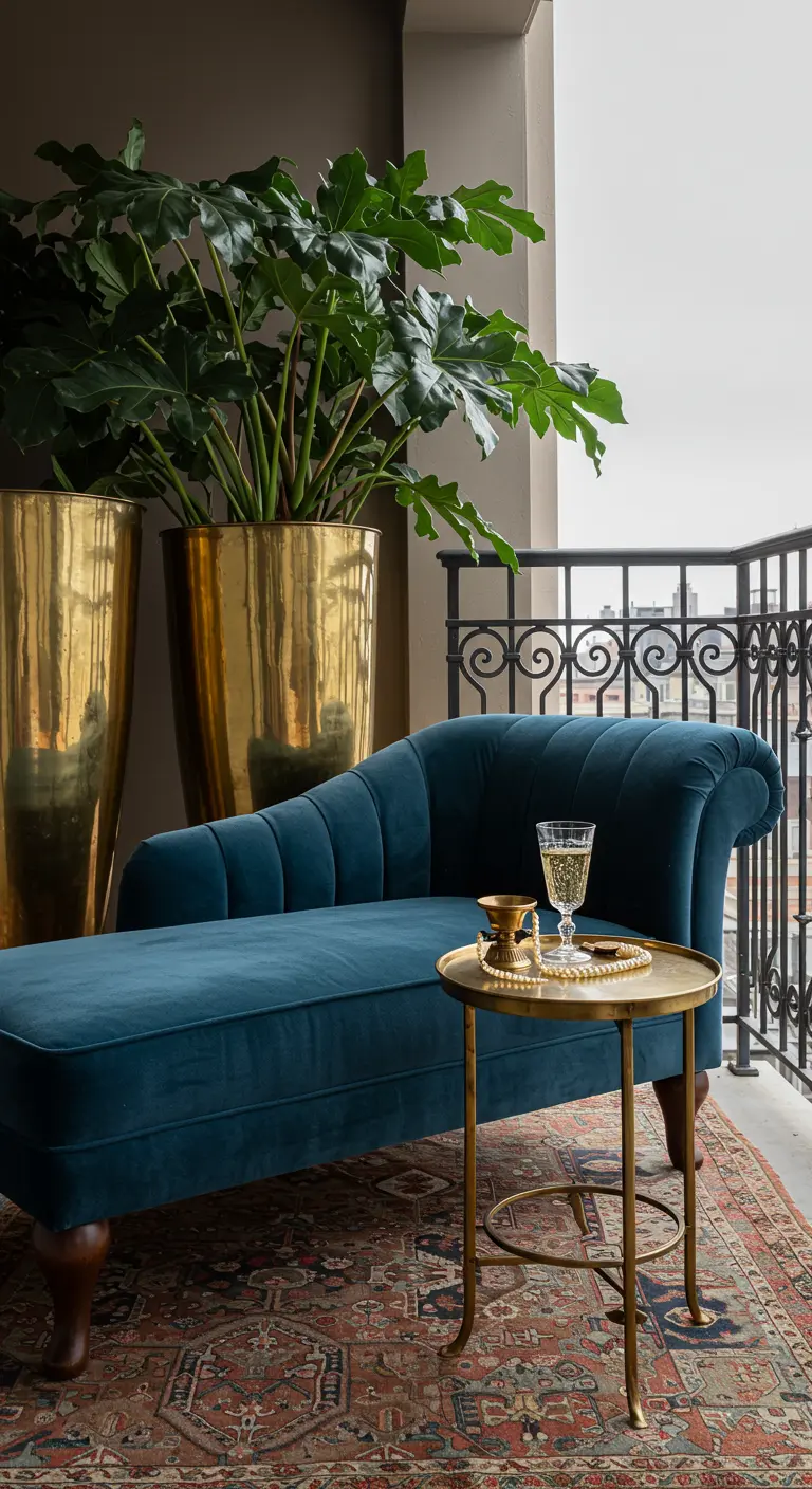 Luxe balkon met blauwe fluwelen chaise longue, messing details en Perzisch kleed.