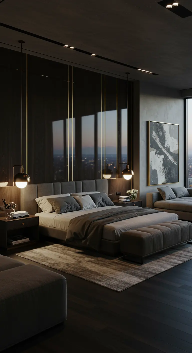 Luxe slaapkamer met hoogglans zwart hoofdbordmuur met verticale gouden accenten en verlichting.