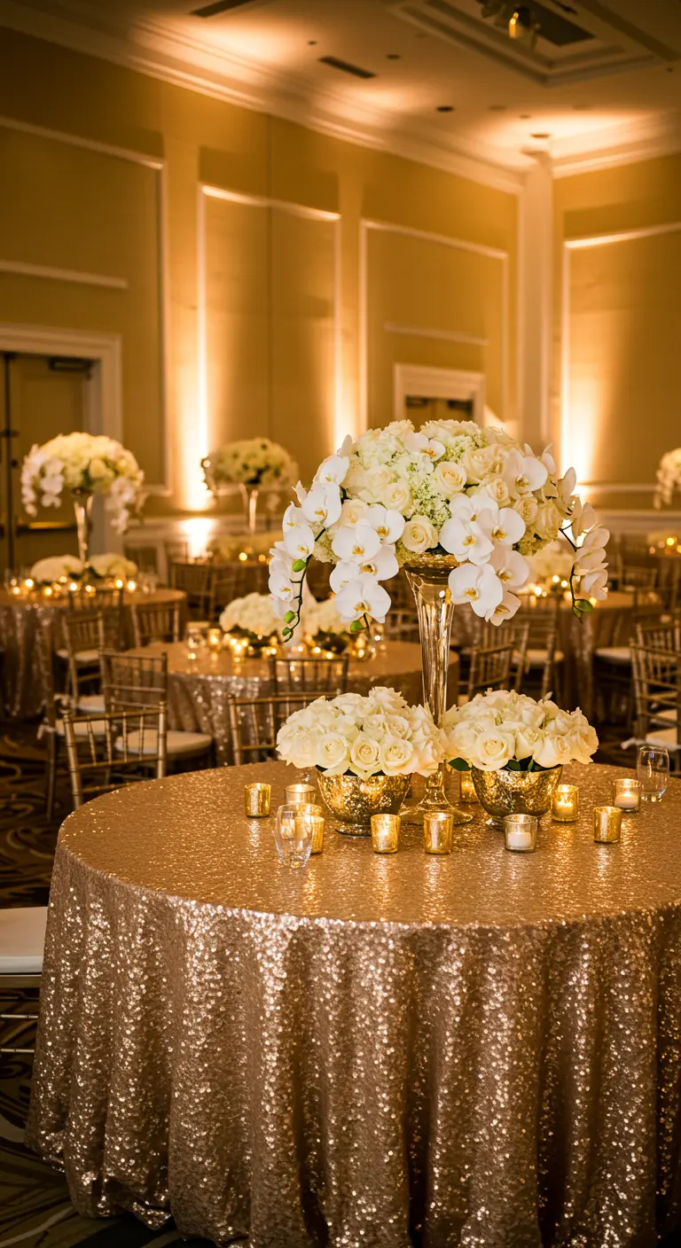 Ronde tafels met gouden paillettenkleden en witte bloemstukken in een zaal.
