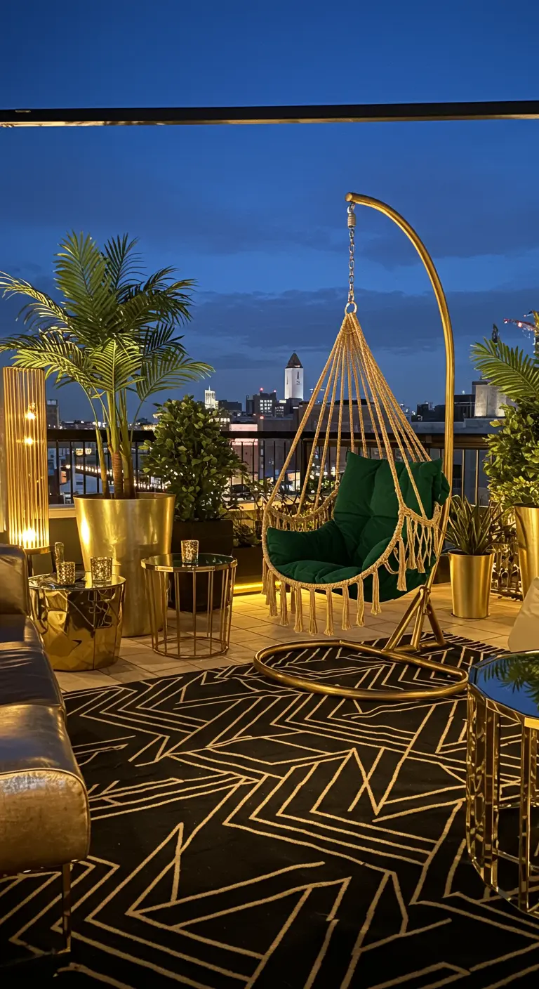 Gouden hangstoel met groene zitting op een luxe dakterras met zwart-goud kleed en gouden accenten.