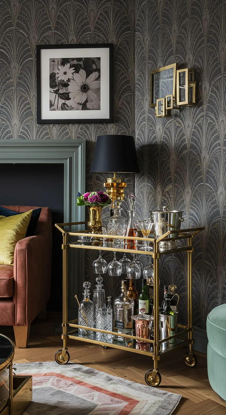 Gouden barkar met spiegelende planken, gevuld met drankflessen en glazen, in een Art Deco stijl hoek.