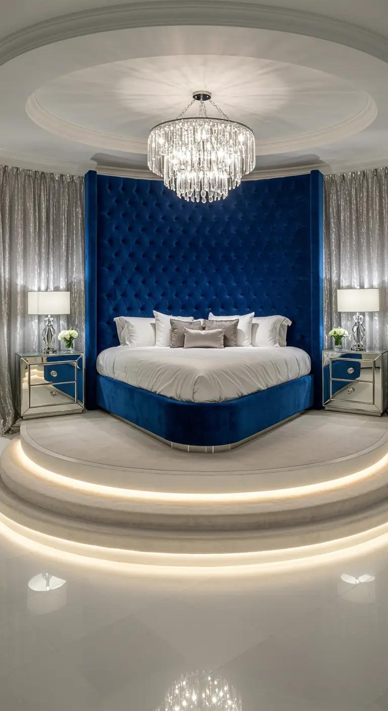 Glamoureuze slaapkamer met een rond blauw fluwelen bed op een verlicht platform en een grote kristallen kroonluchter.