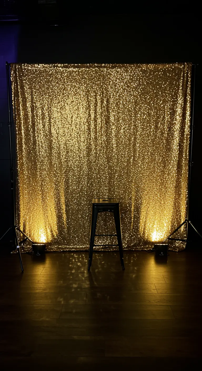 Gouden pailletten backdrop met een kruk ervoor, verlicht door spotlights.