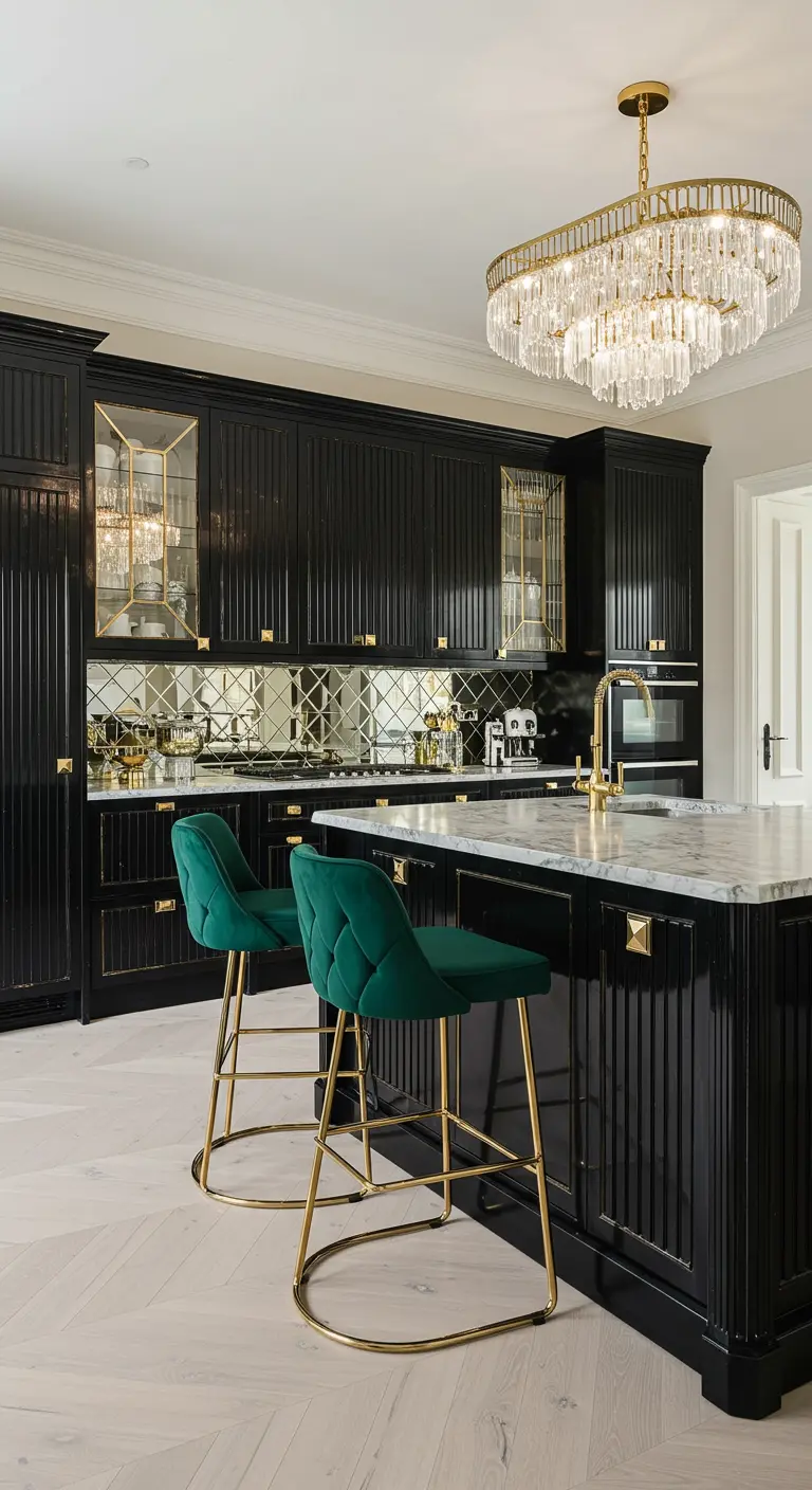 Luxe zwarte keuken met gouden accenten, marmeren eiland en groene fluwelen barkrukken.