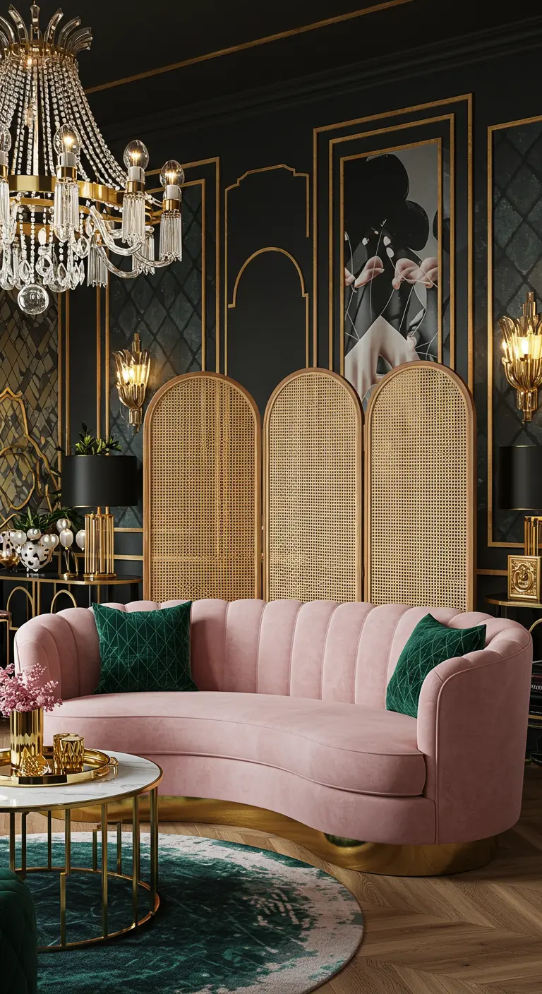 Art Deco woonkamer met een poederroze bank, gouden accenten en een rotan webbing kamerscherm.