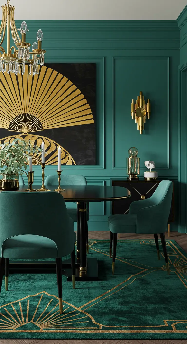 Luxe eetkamer in smaragdgroen en goud, met waaier wandkunst en grafisch tapijt.