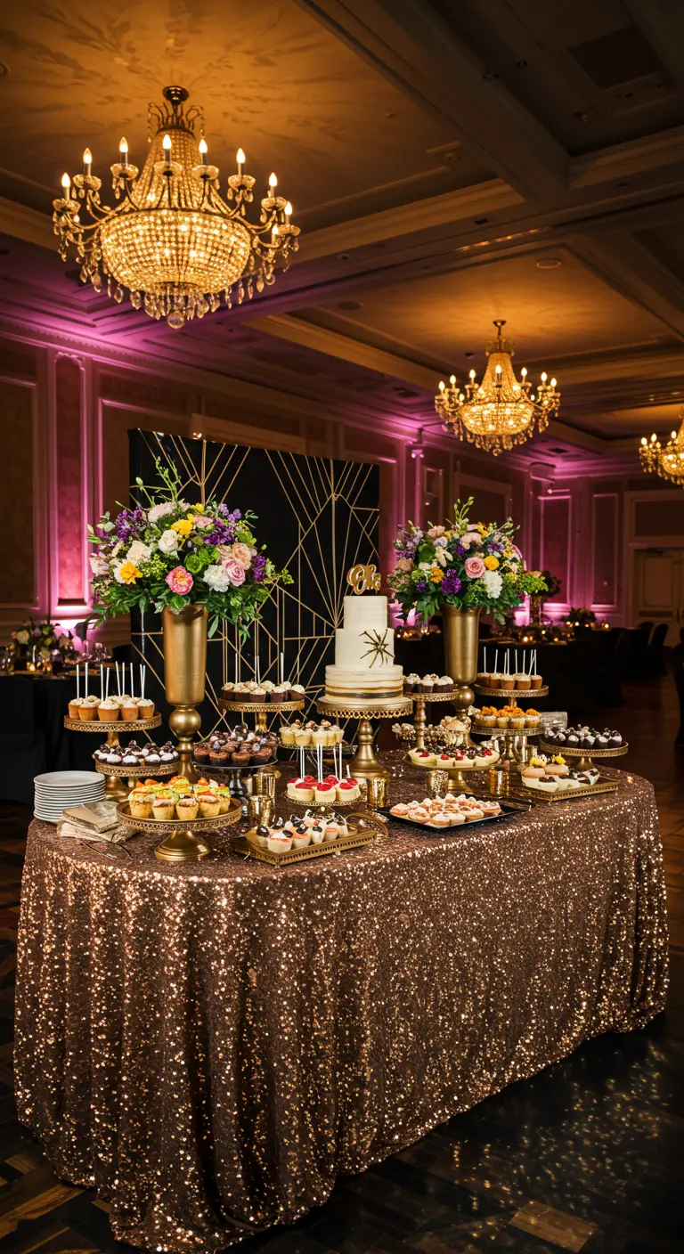 Sweet table met gouden pailletten tafelkleed, Art Deco details en kleurrijke bloemen.