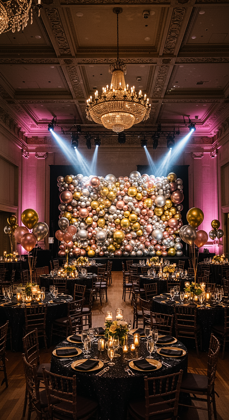 Indrukwekkende muur van goud, zilver en rosé gouden ballonnen in een feestzaal.