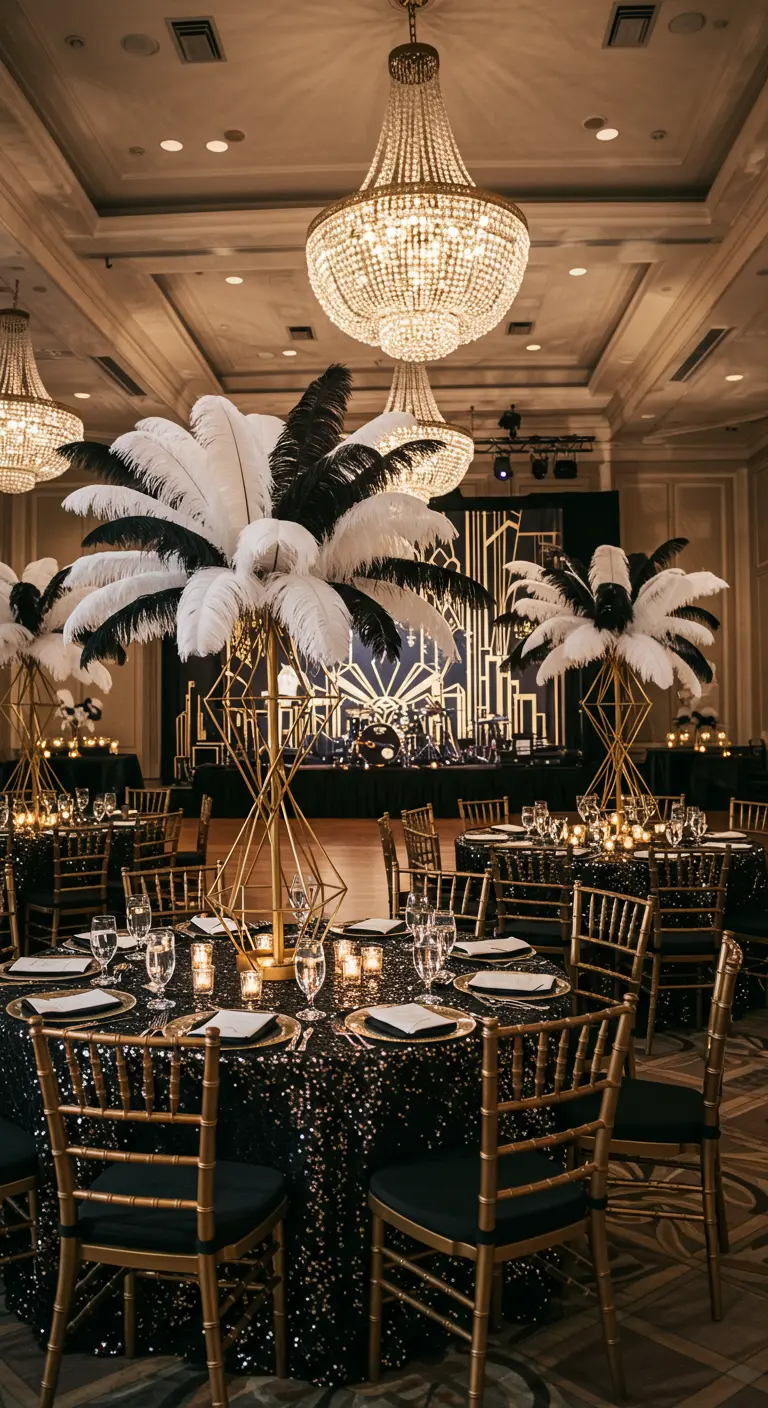 Great Gatsby thema bruiloftsreceptie met veren centerpieces, goud-zwarte details en kroonluchters.