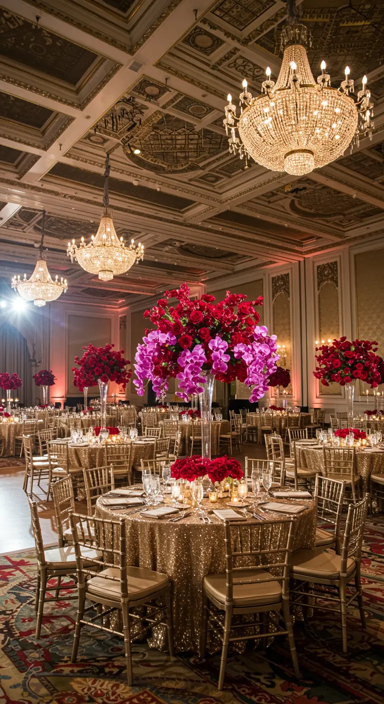 Chique zaal met ronde tafels, gouden pailletten en grote roze-rode bloemstukken.
