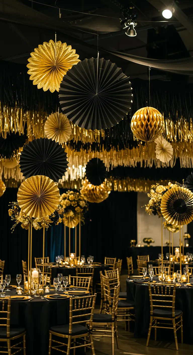 Chique feestzaal met zwart-gouden papieren waaiers, honeycombs en franjeslingers.