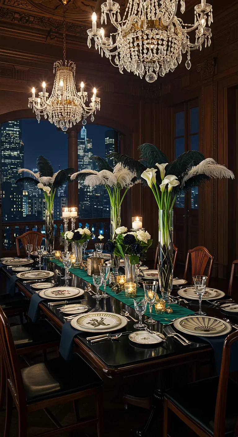 Luxueuze eetkamer met donkere meubels, kristallen kroonluchters en elegante tafeldecoratie.