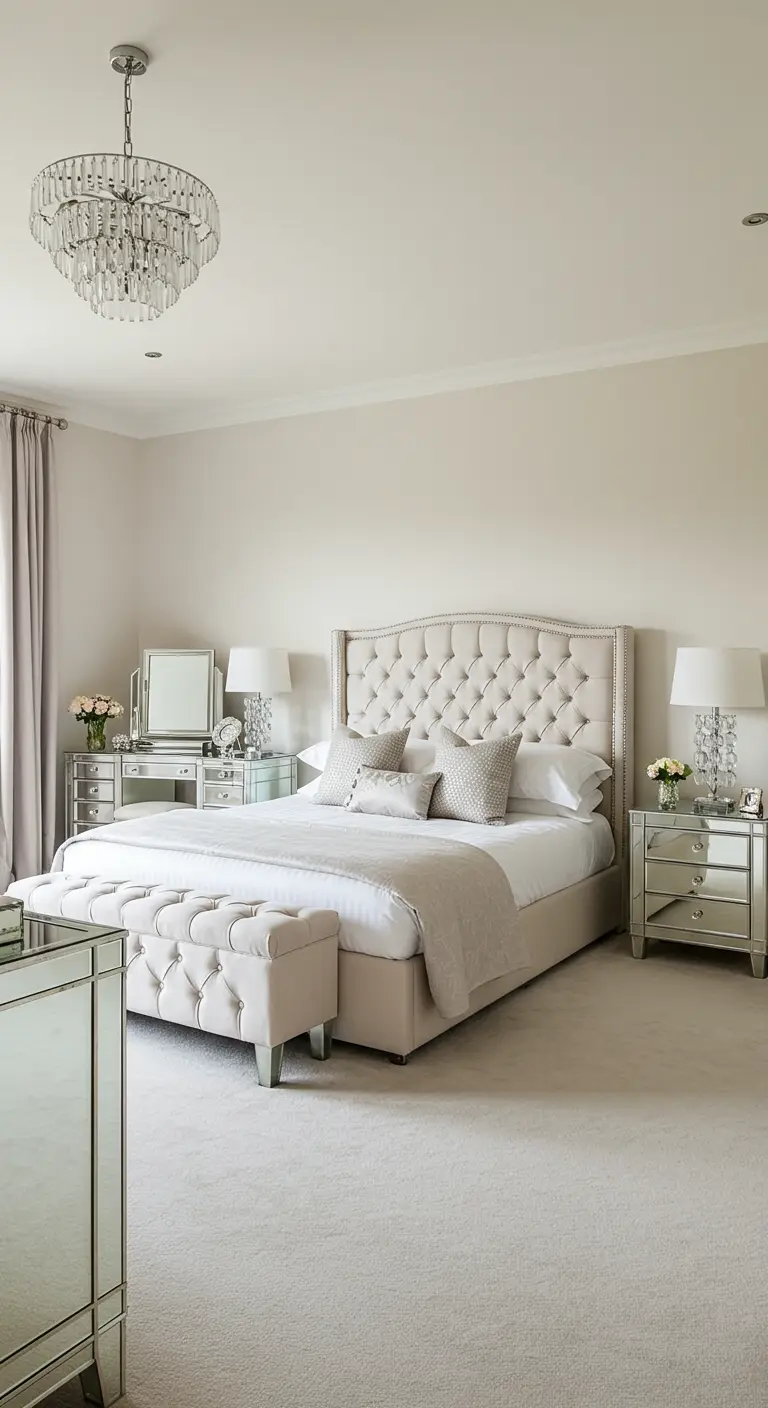 Luxe slaapkamer in lichte tinten met spiegelende nachtkastjes en een kroonluchter.