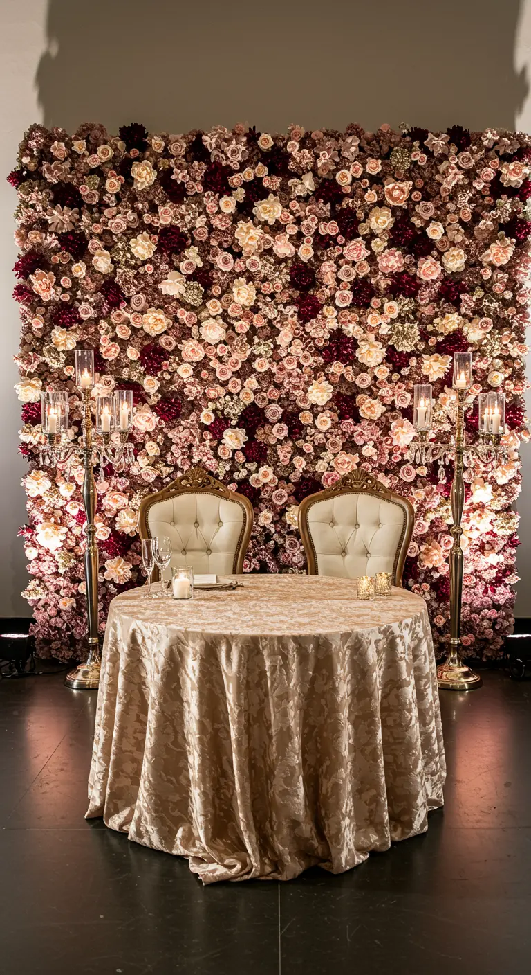 Sweetheart tafel met goudkleurig linnen voor een bloemenwand.