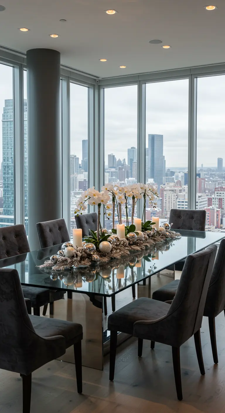 Moderne eetkamer met glazen tafel, fluwelen stoelen, orchideeën, zilveren kerstballen en kaarsen.