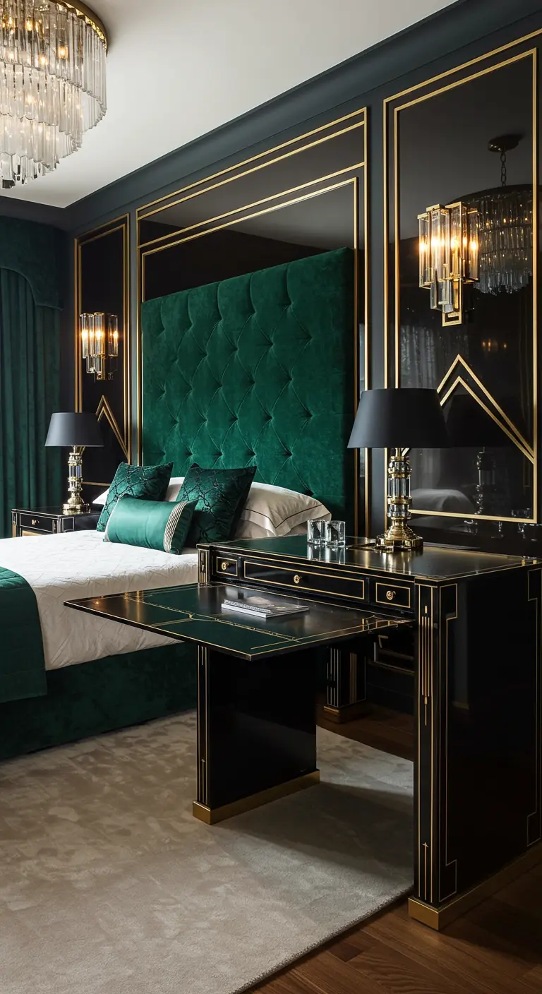 Luxe Art Deco slaapkamer met een zwart en goud bureau naast het bed.