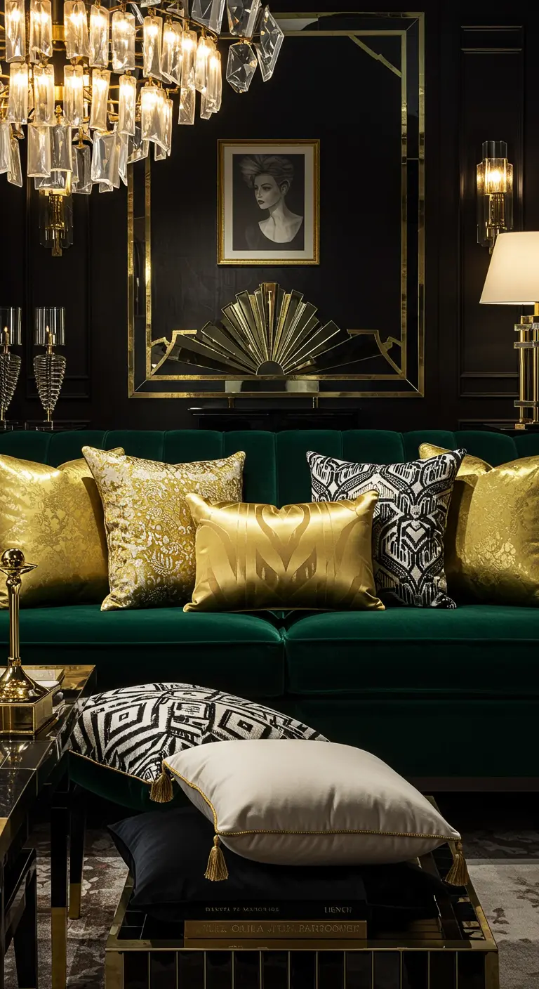 Donkergroene fluwelen bank met gouden en zwart-wit geometrische kussens in een luxe interieur.