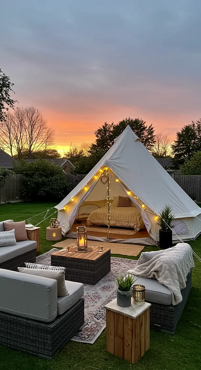 Glamping tent met loungeset, lichtslingers en lantaarns bij zonsondergang in de tuin.