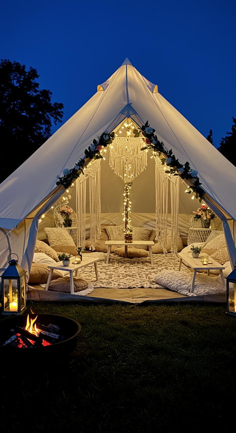 Boho glamping tent 's avonds verlicht, met macramé en vuurkorf.
