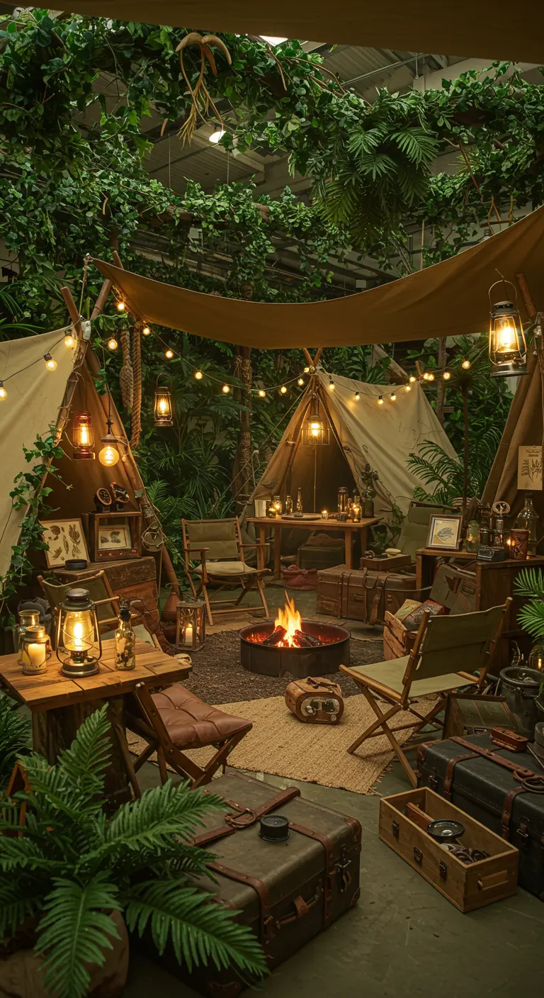 Gezellige kampvuuropstelling met tenten, lantaarns, vintage koffers en veel groen.