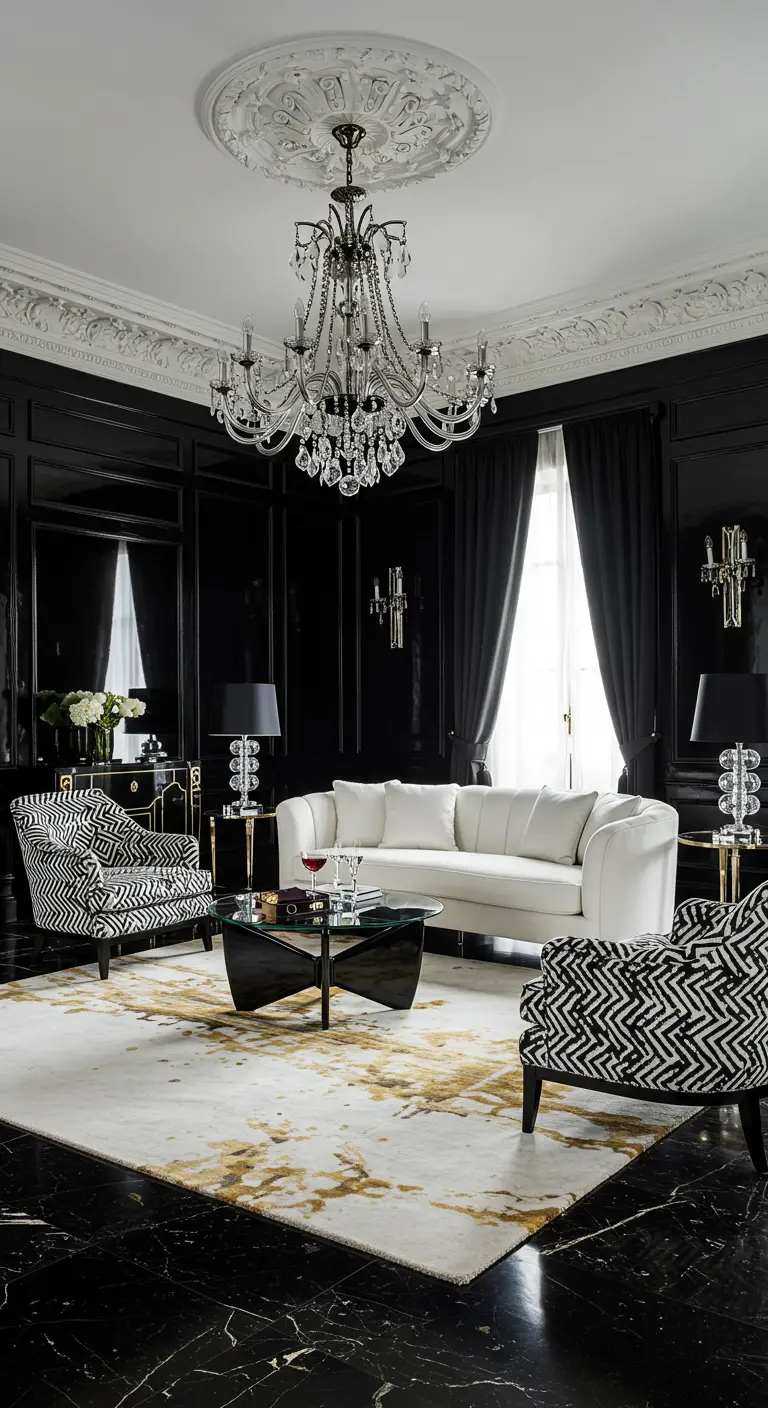 Luxueuze woonkamer met hoogglans zwarte muren, wit bankje en zwart-wit patronen op stoelen.