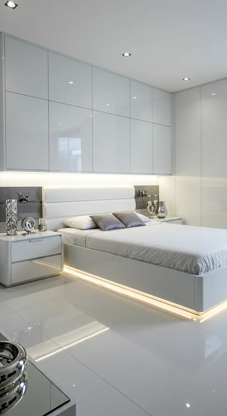 Moderne witte slaapkamer met hoogglans kasten en indirecte verlichting.