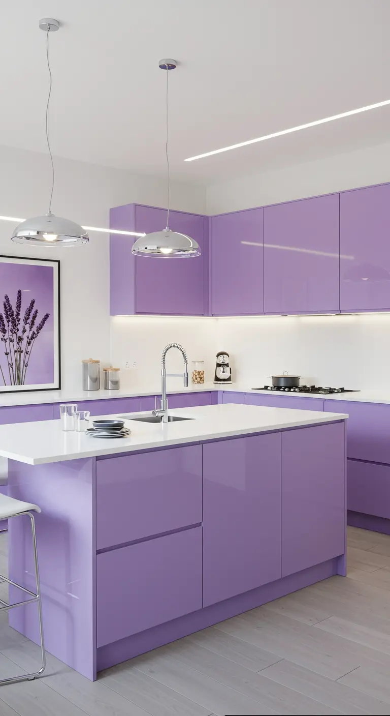 Moderne keuken met glanzende lila kasten, wit eiland en chromen hanglampen.