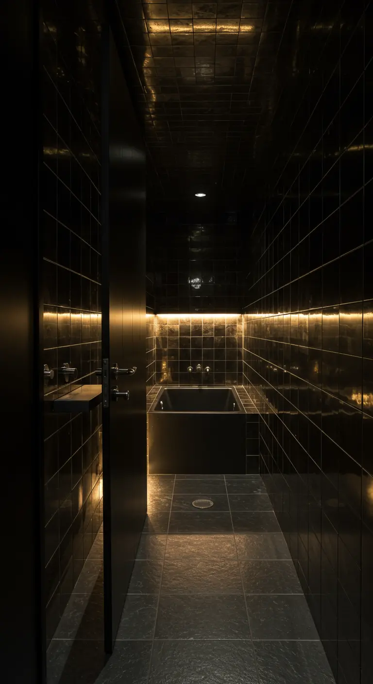 Zwart betegelde badkamer met glanzende tegels, horizontale LED-lichtlijn en zwart bad.
