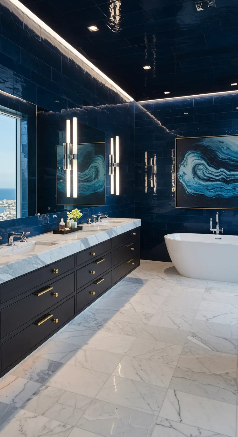 Luxe badkamer met hoogglans donkerblauwe tegels, marmeren vloer en gouden details.
