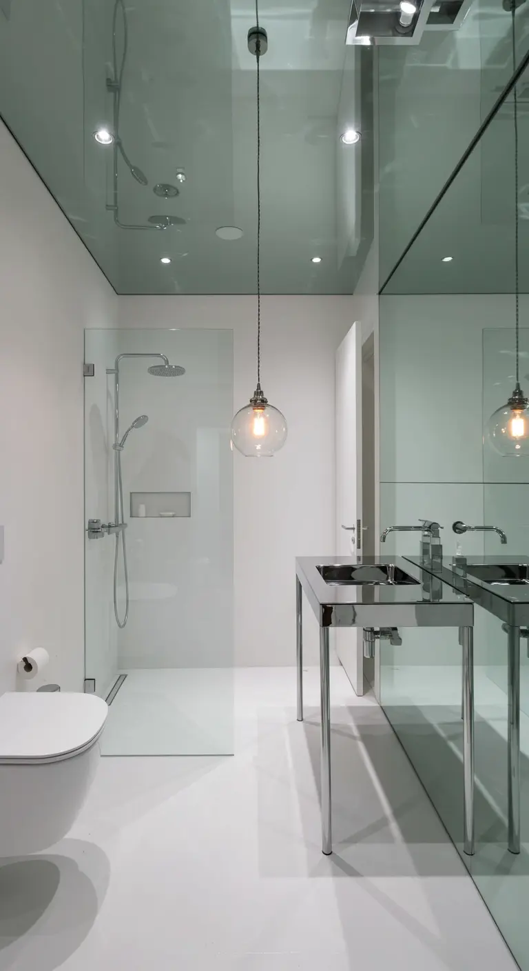 Minimalistische witte badkamer met glanzend plafond, grote spiegelwand en een enkele glazen bol hanglamp.