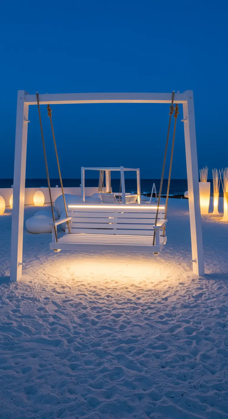 Witte schommelbank met onderverlichting op zand bij nacht, tegen een donkerblauwe lucht.