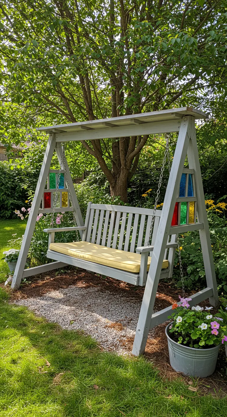 Grijze houten schommelbank met gekleurd glas in de zijpanelen en een geel kussen.