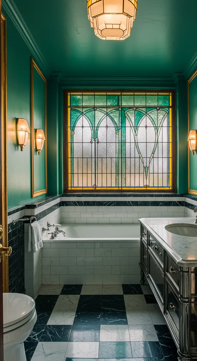 Art Deco badkamer met kleurrijk glas-in-lood raam boven het bad.