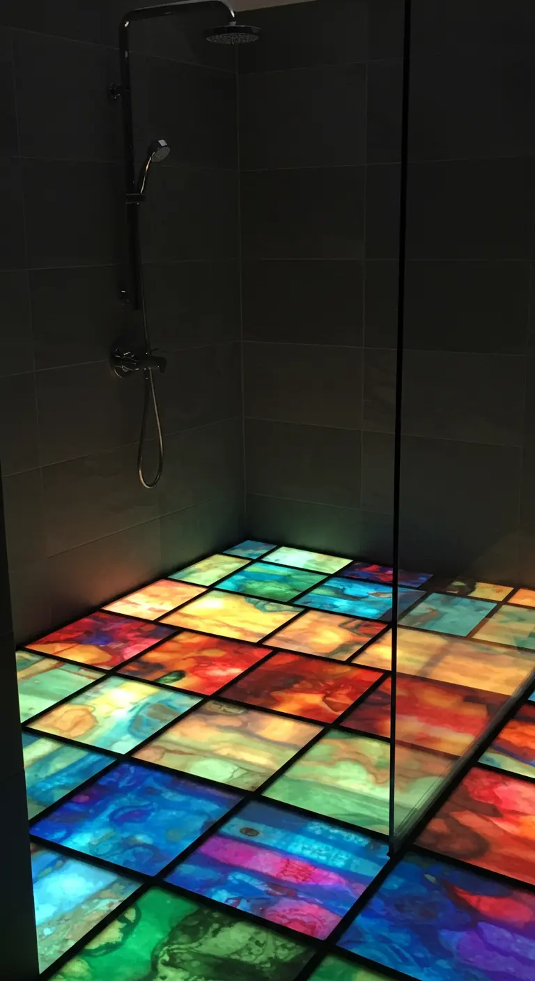 Donkere douche met een verlichte vloer van kleurrijke, translucente panelen die lijken op glas-in-lood.