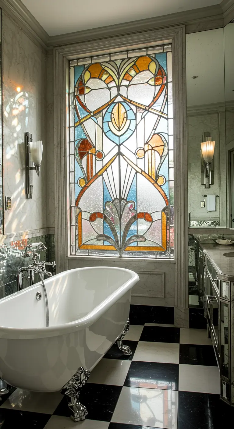 Luxe badkamer met klassiek ligbad, zwart-wit vloer en groot glas-in-lood raam.